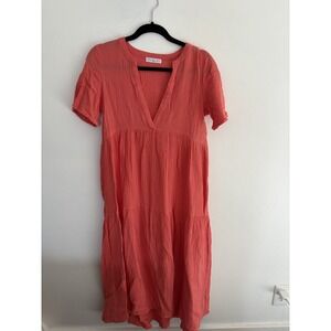 R.Vivimos Coral Pink Cotton Gauze Tiered V-Neck Boho Midi Dress Womens Small 4/6